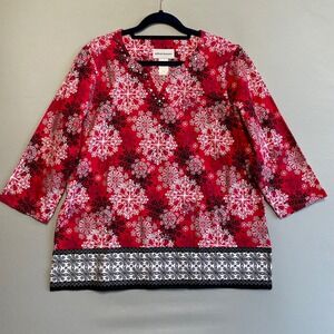 Alfred Dunner Women Red Snowflake Print Embellished V Neck 3/4 Sleeve Top M
